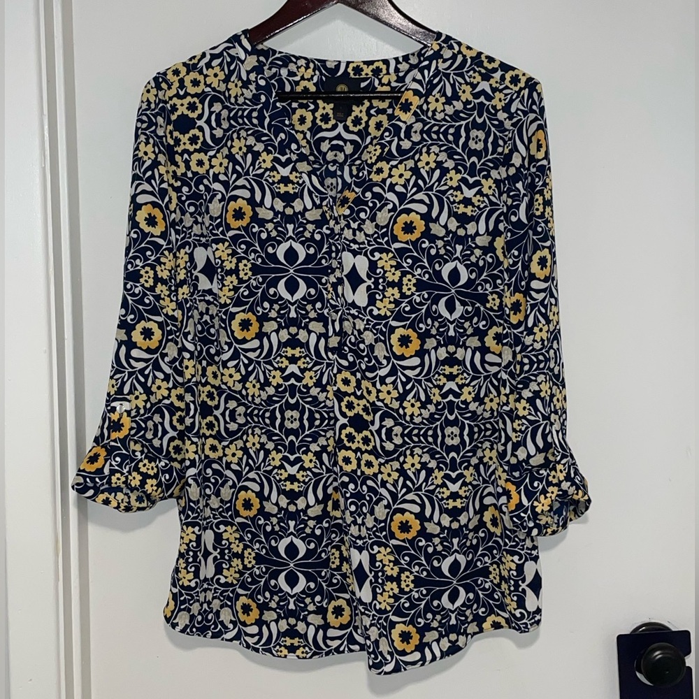JM Collection Navy Floral Button-Front Blouse with Yellow & White Accents